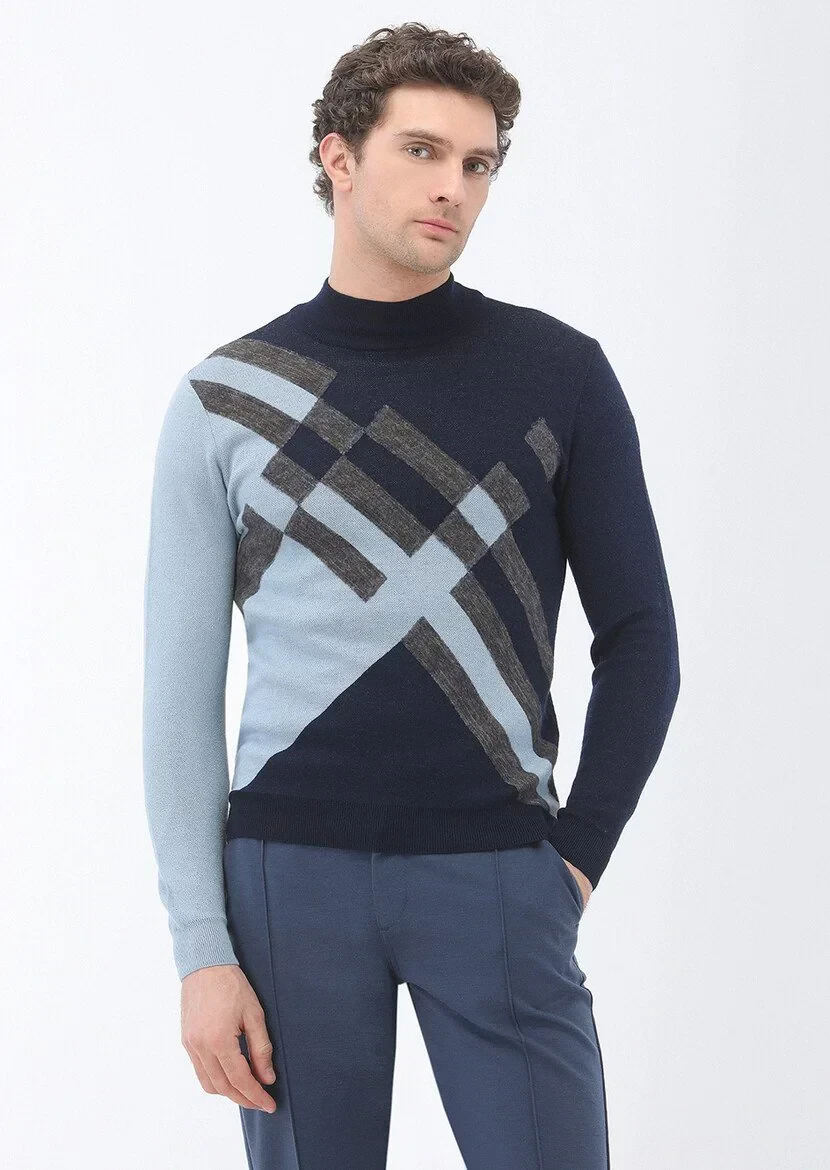 Navy Blue Knitwear Sweatshirt - 1