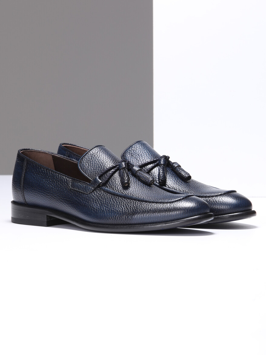 Navy Blue Leather Classical Loafer - 2