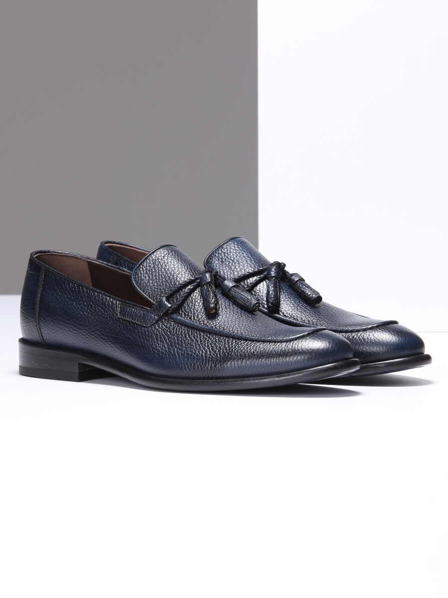 Navy Blue Leather Classical Loafer - 2