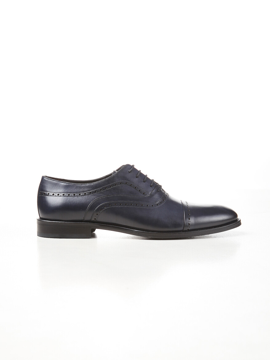 Navy Blue Leather Classical Shoes - 1