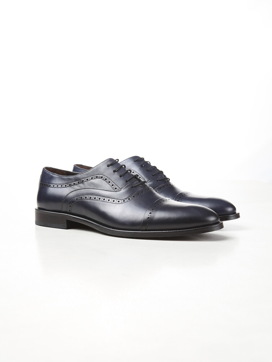 Navy Blue Leather Classical Shoes - 2