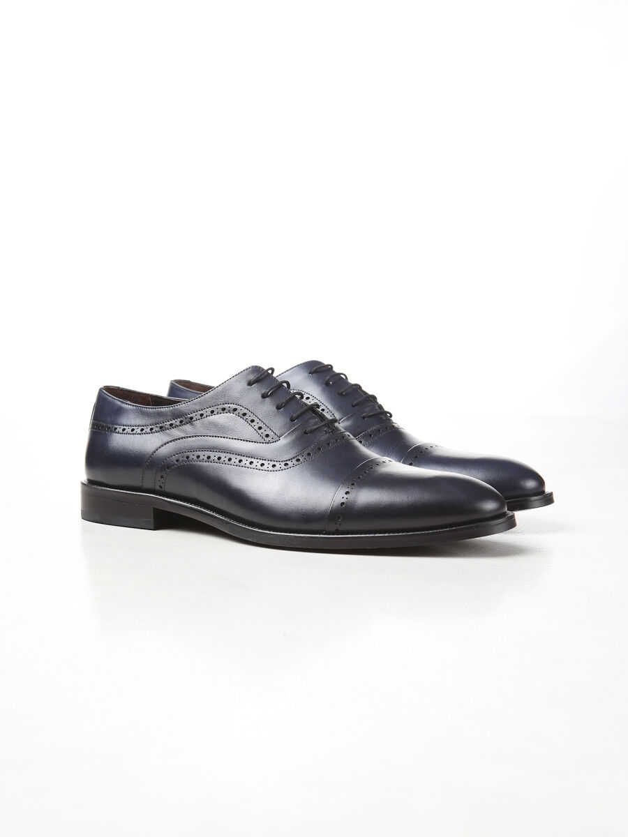 Navy Blue Leather Classical Shoes - 2