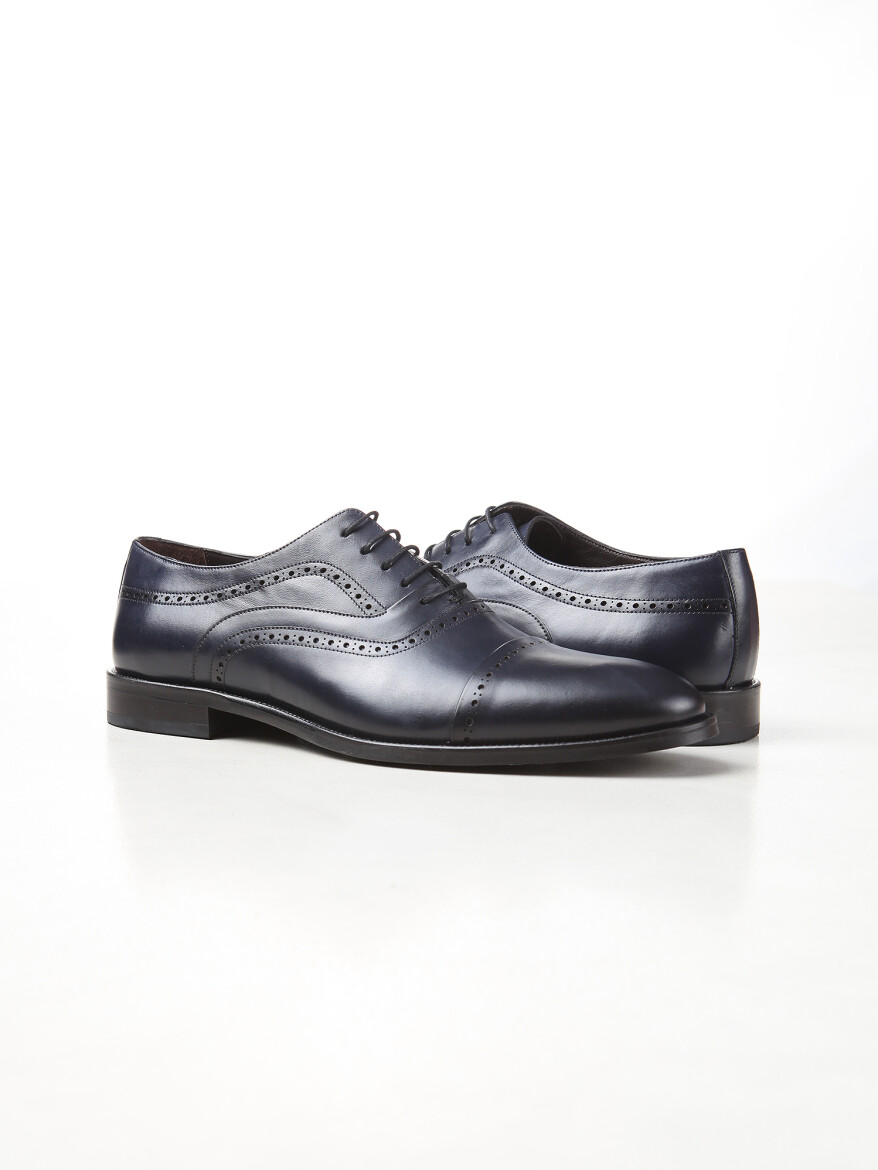 Navy Blue Leather Classical Shoes - 3