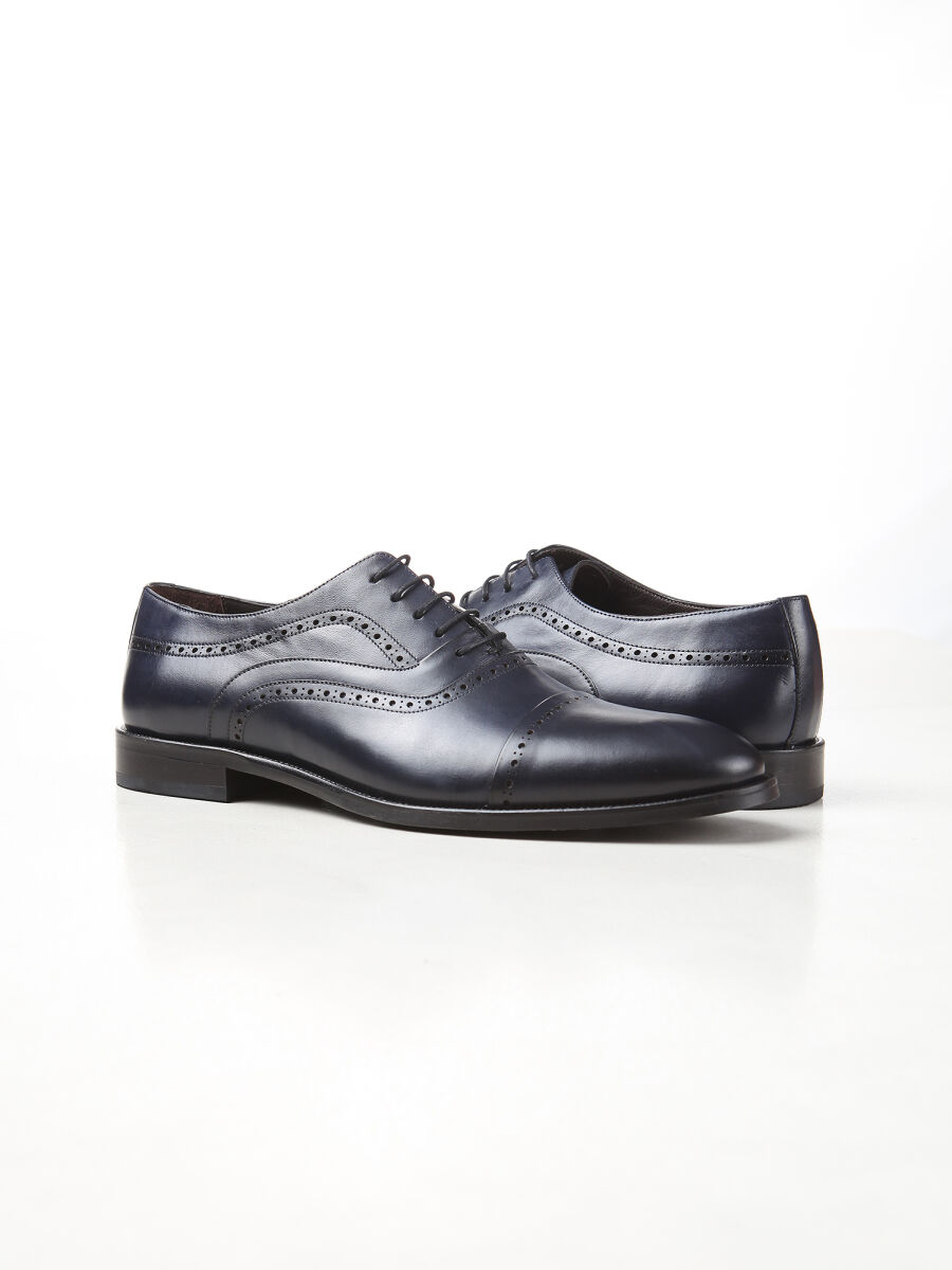 Navy Blue Leather Classical Shoes - 3