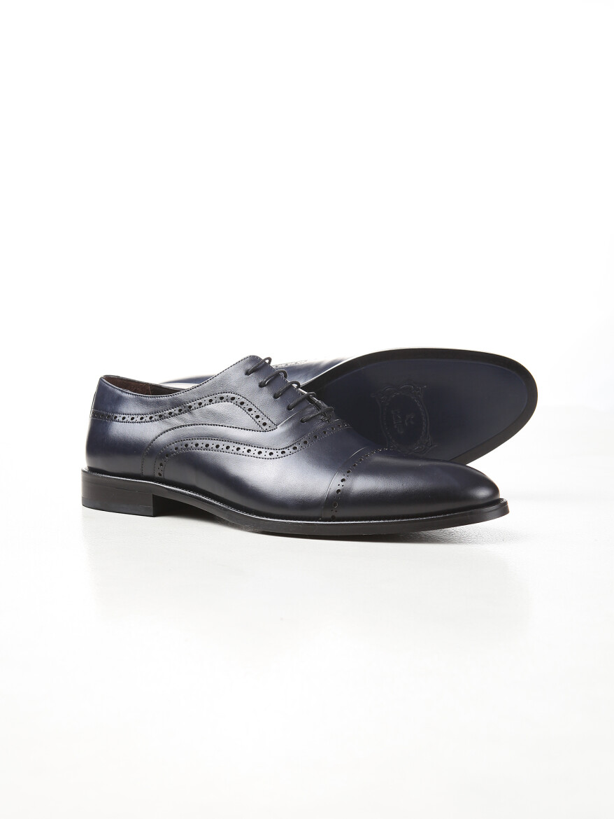 Navy Blue Leather Classical Shoes - 4