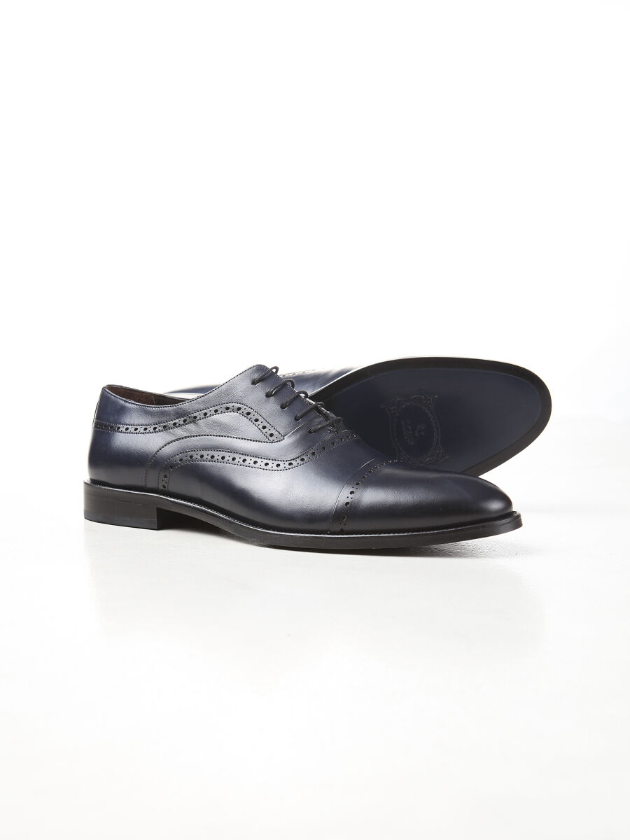 Navy Blue Leather Classical Shoes - 4