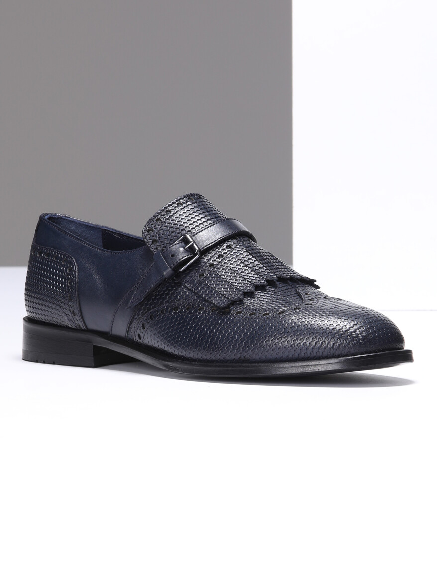 Navy Blue Leather Classical Shoes - 1