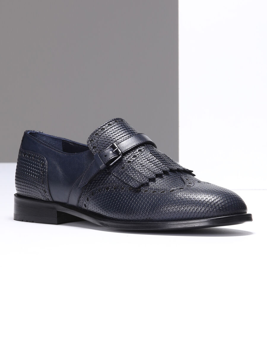 Navy Blue Leather Classical Shoes - 1