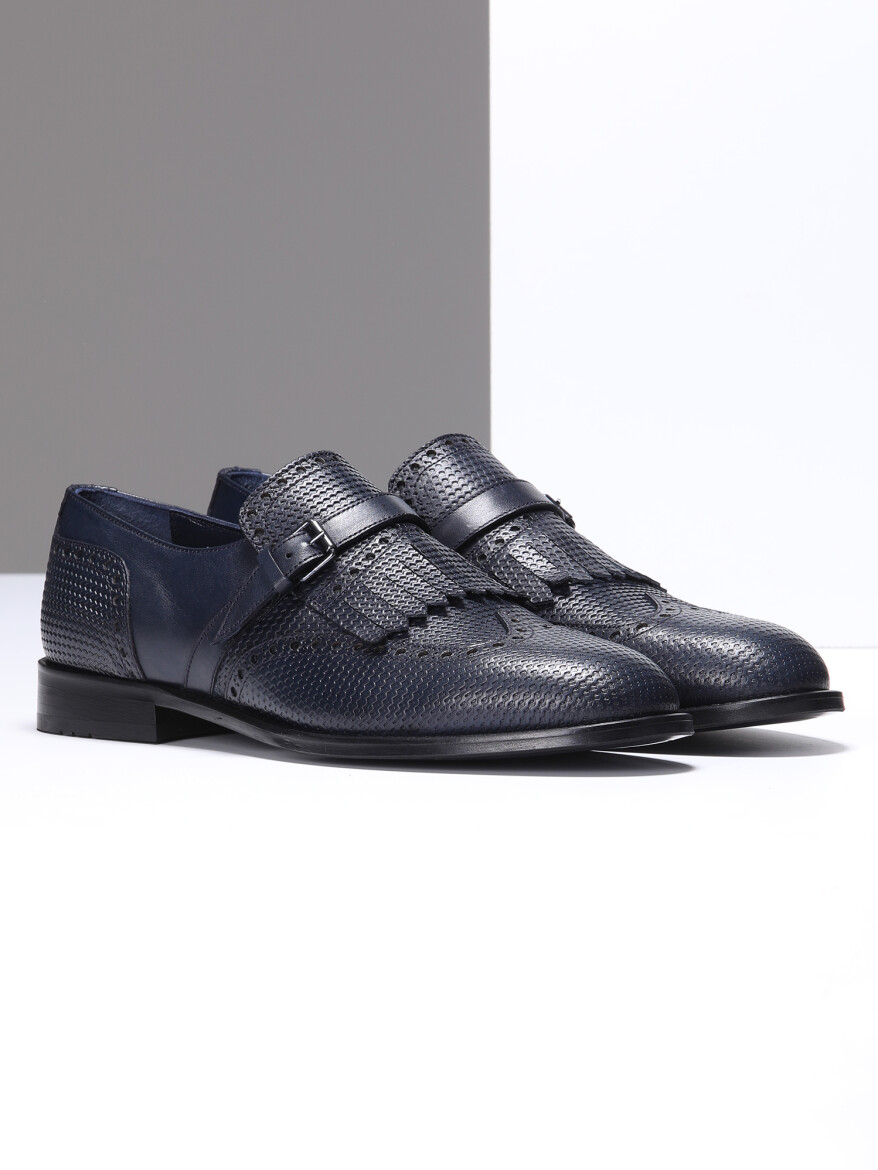 Navy Blue Leather Classical Shoes - 2
