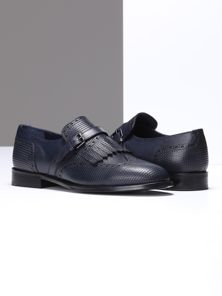 Navy Blue Leather Classical Shoes - 3