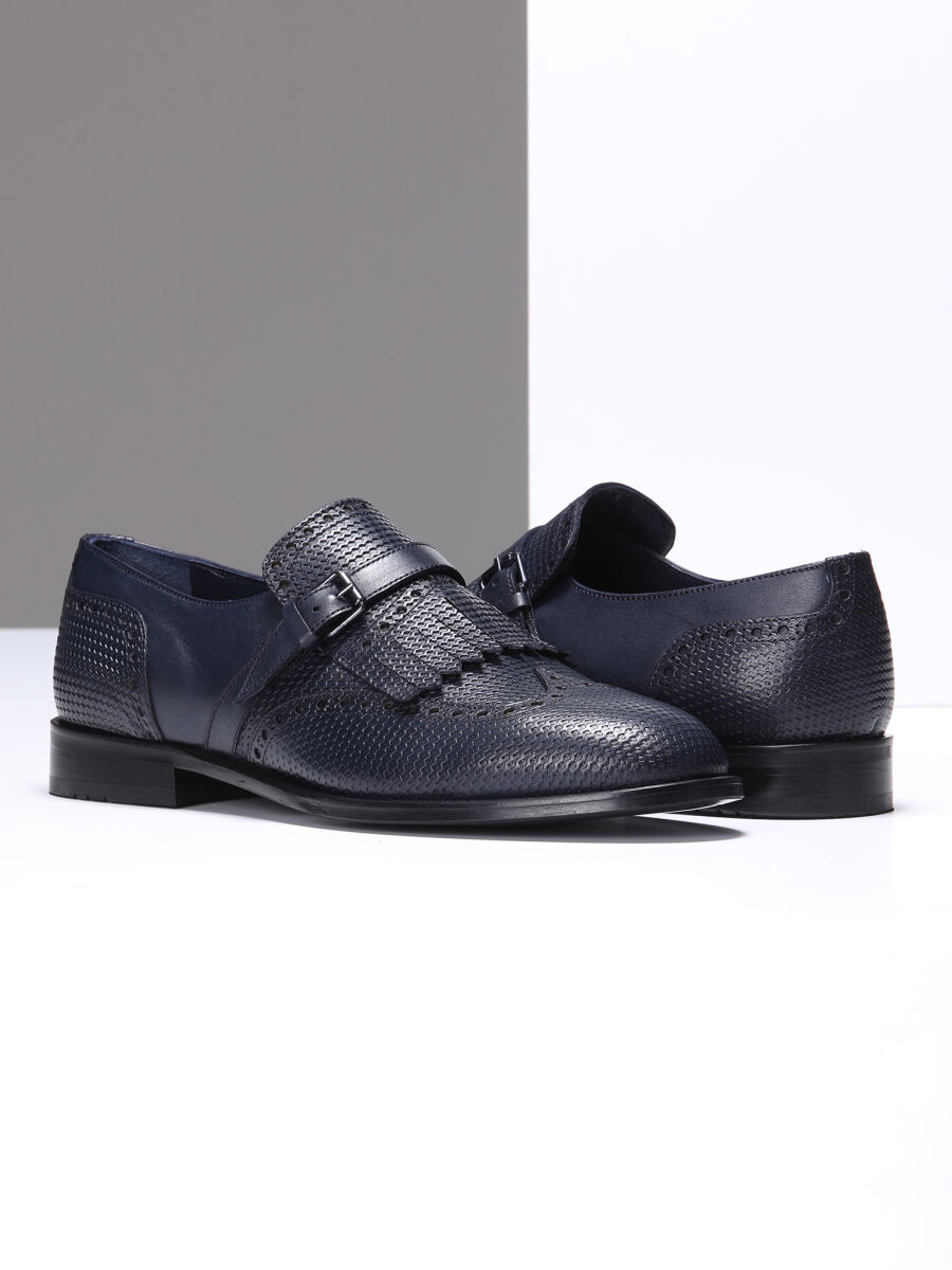 Navy Blue Leather Classical Shoes - 3