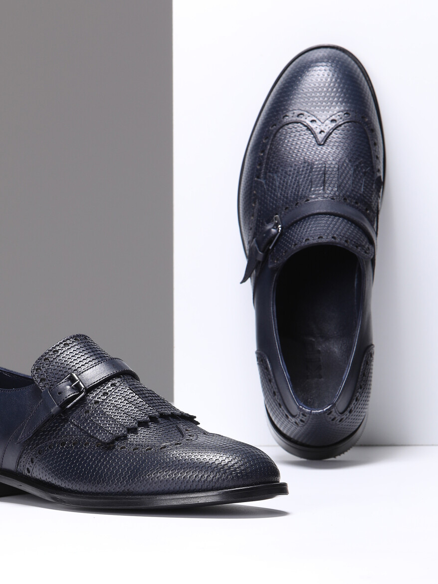 Navy Blue Leather Classical Shoes - 4