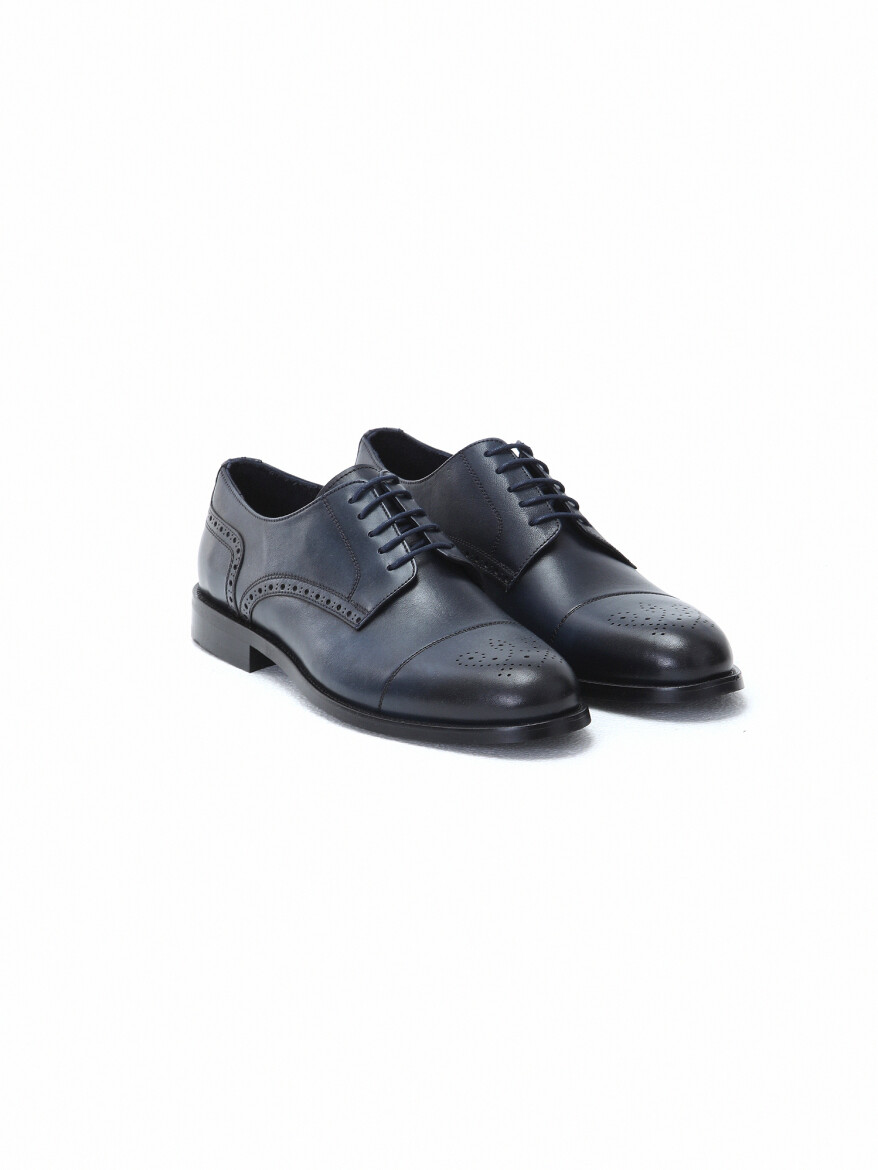 Navy Blue Leather Classical Shoes - 2