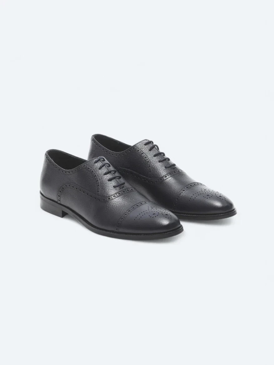 Navy Blue Leather Classical Shoes - 2