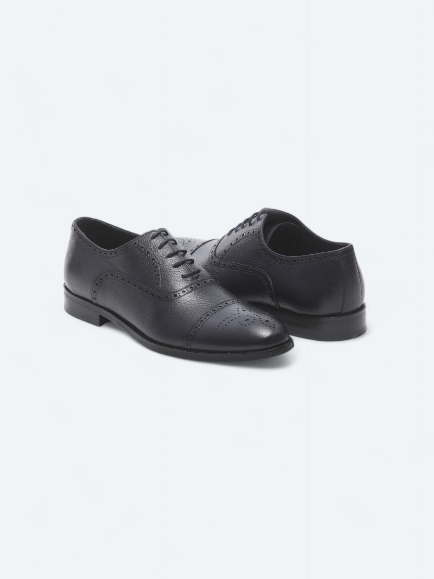 Navy Blue Leather Classical Shoes - 3