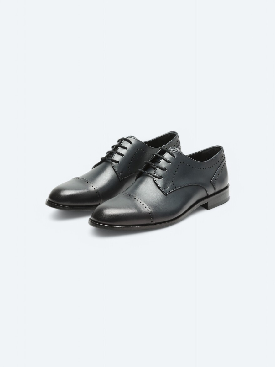 Navy Blue Leather Classical Shoes - 2