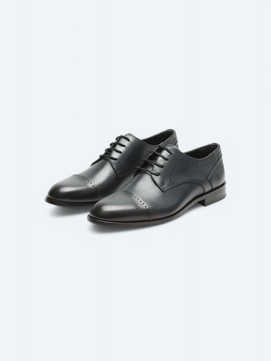 Navy Blue Leather Classical Shoes - 2