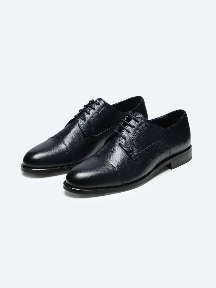 Navy Blue Leather Classical Shoes - KİP