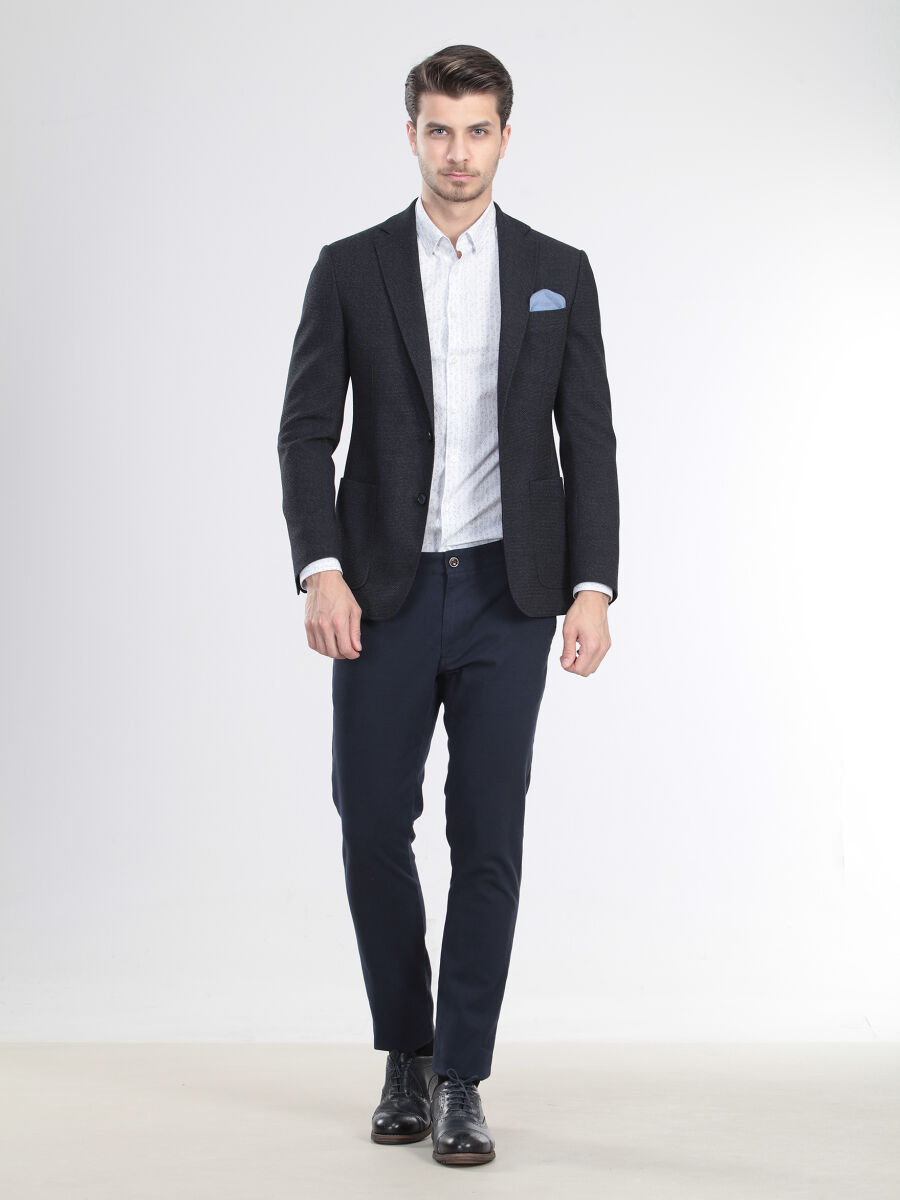 Navy Blue Micro Fitted Fit Wool Blended Jacket - 1