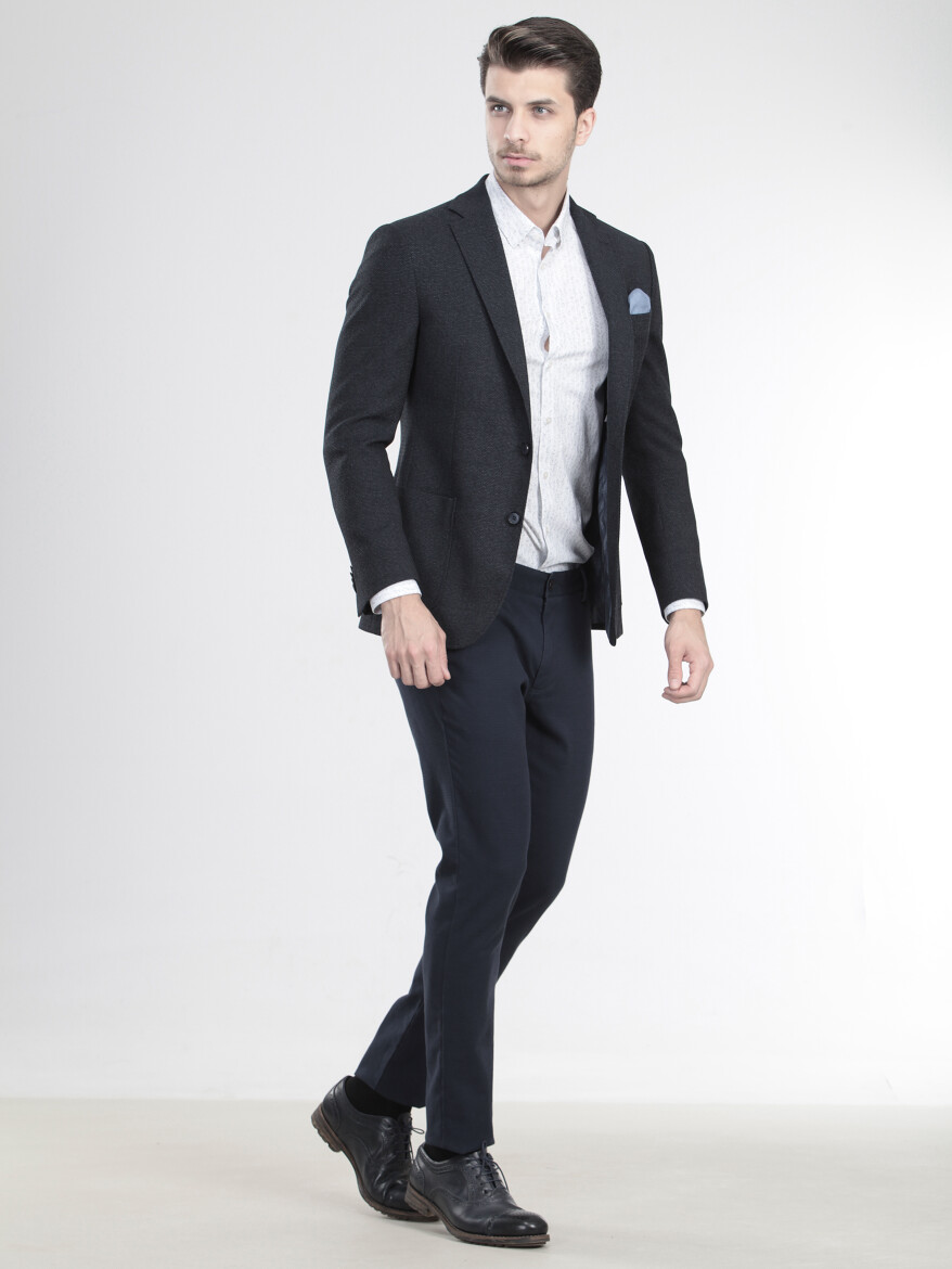 Navy Blue Micro Fitted Fit Wool Blended Jacket - 2