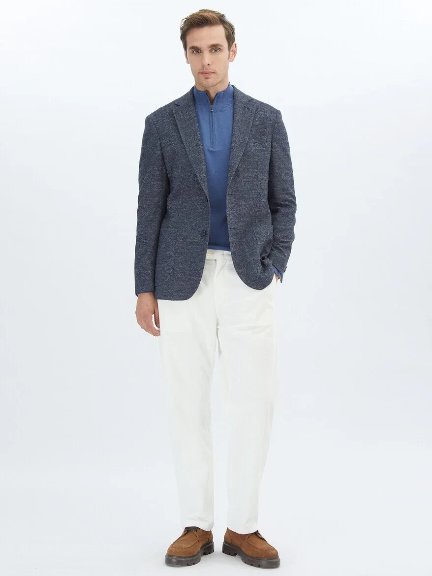 Navy Blue Micro Fitted Fit Wool Blended Jacket - 2