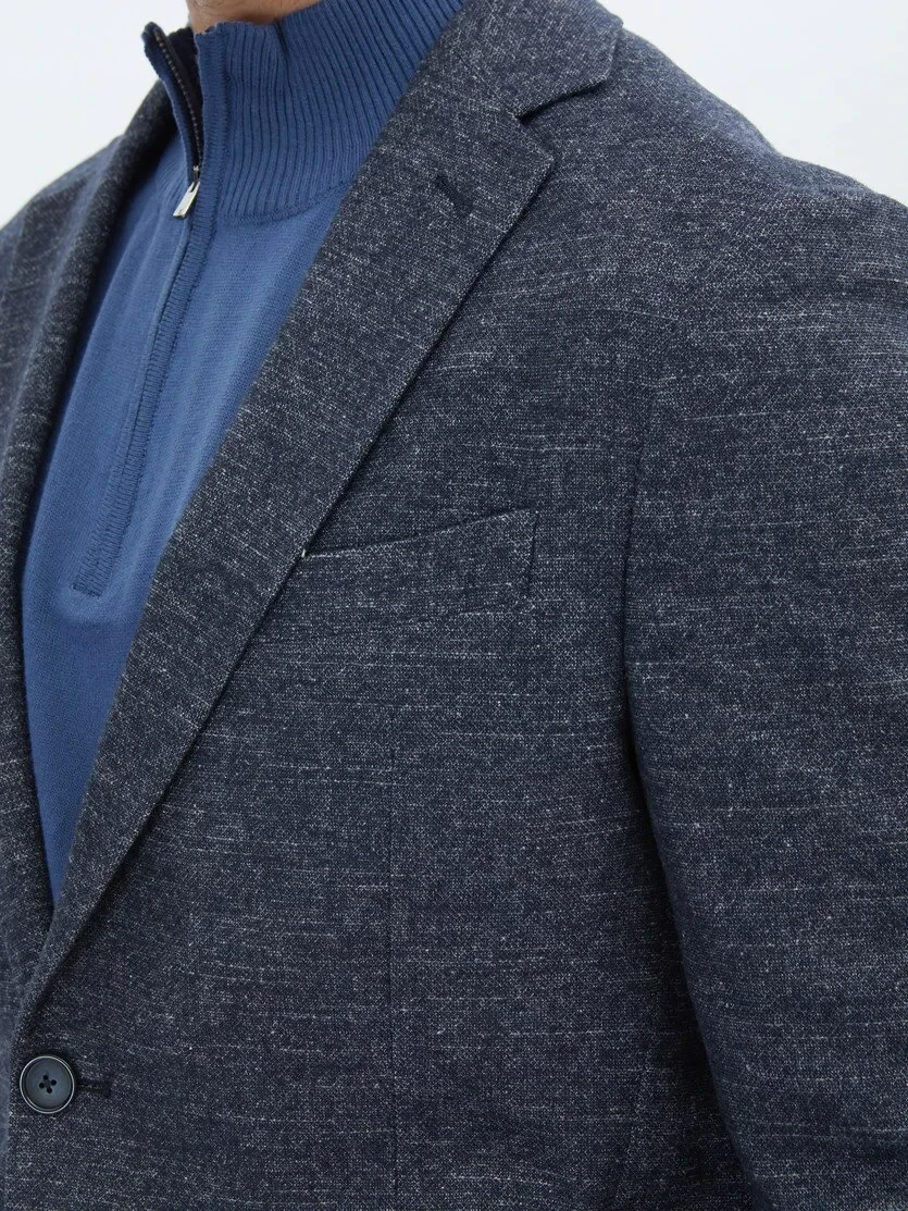 Navy Blue Micro Fitted Fit Wool Blended Jacket - 4