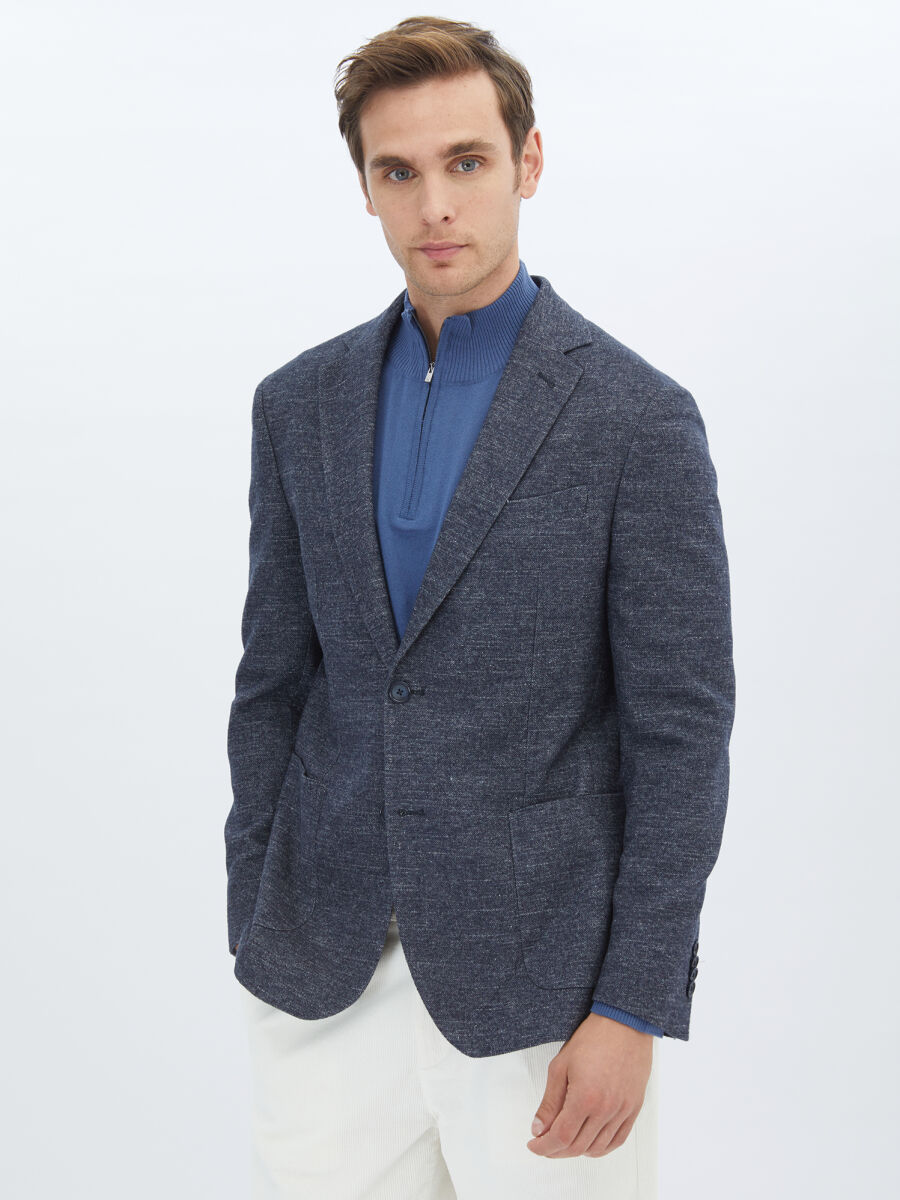 Navy Blue Micro Fitted Fit Wool Blended Jacket - 1