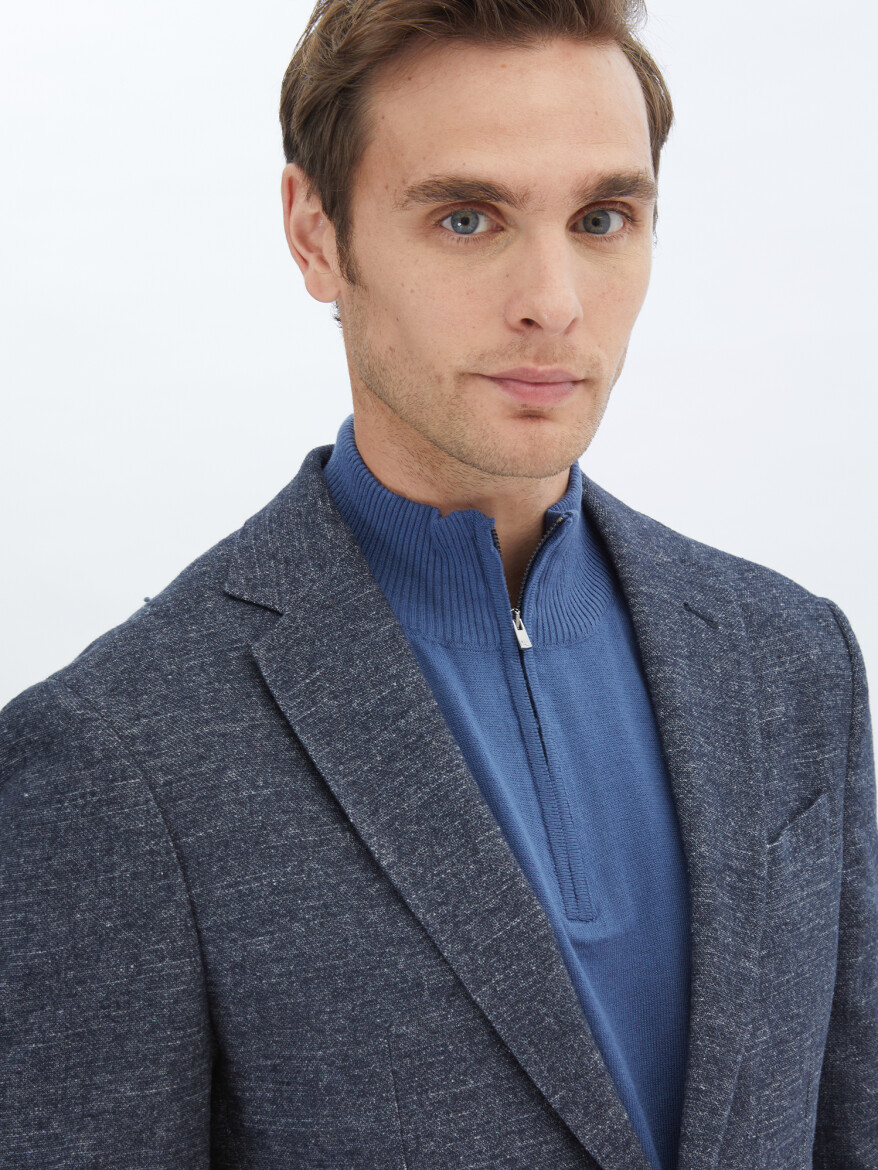 Navy Blue Micro Fitted Fit Wool Blended Jacket - 3