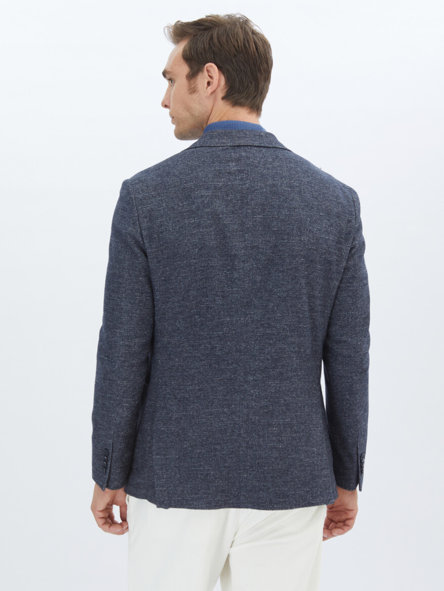 Navy Blue Micro Fitted Fit Wool Blended Jacket - 4