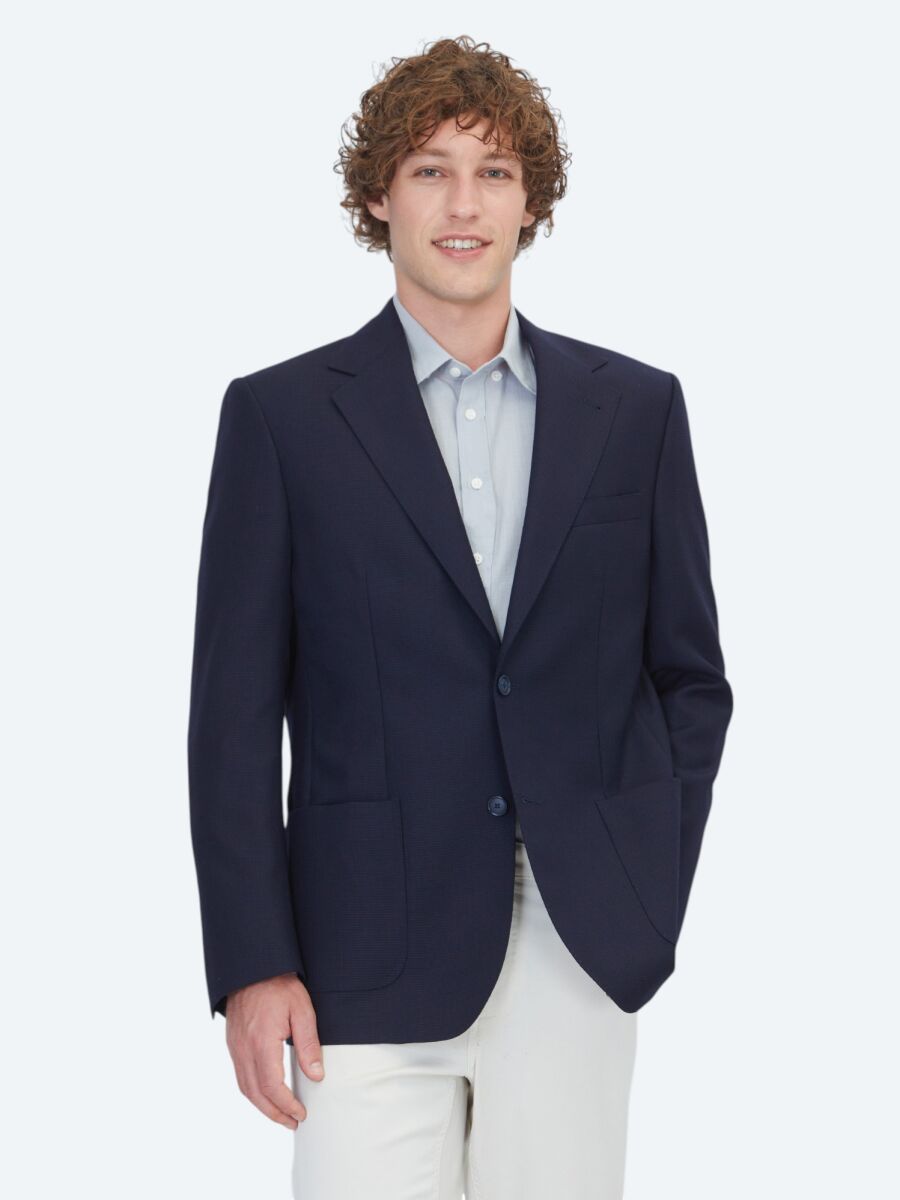 Navy Blue Micro Modern Fit 100% Wool Jacket - 1