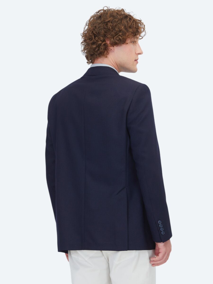 Navy Blue Micro Modern Fit 100% Wool Jacket - 5