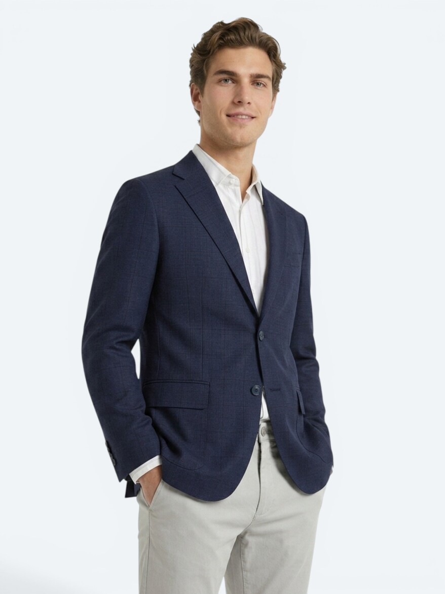 Navy Blue Micro Modern Fit 100% Wool Jacket - KİP