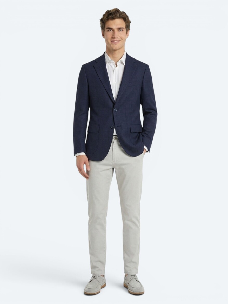 Navy Blue Micro Modern Fit 100% Wool Jacket - KİP
