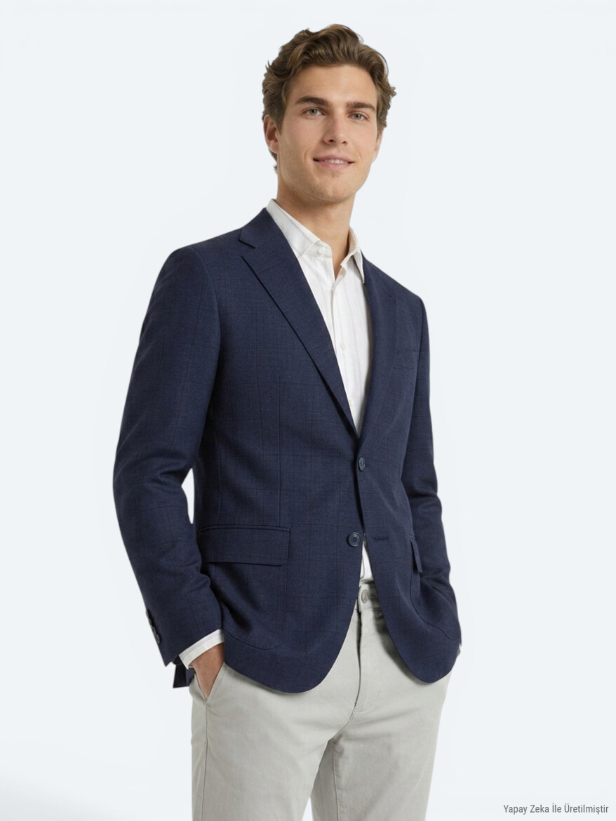 Navy Blue Micro Modern Fit 100% Wool Jacket - KİP