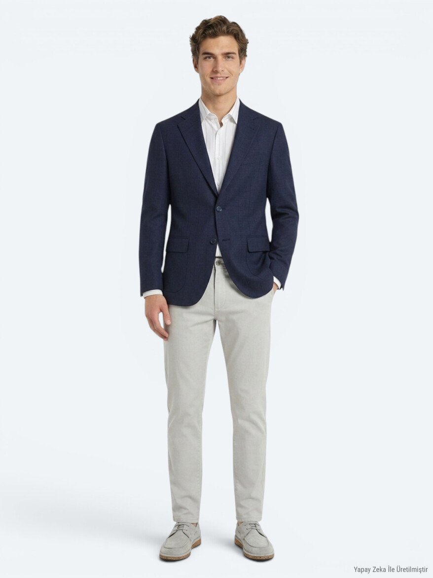 Navy Blue Micro Modern Fit 100% Wool Jacket - KİP