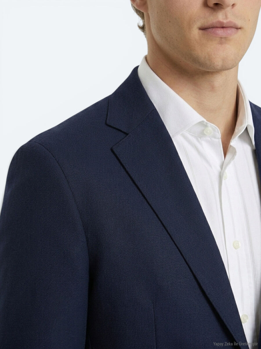 Navy Blue Micro Modern Fit 100% Wool Jacket - 3