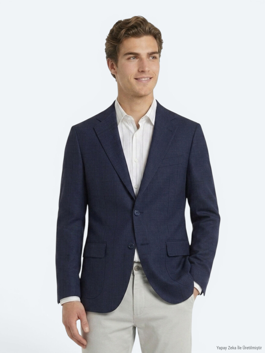 Navy Blue Micro Modern Fit 100% Wool Jacket - 4