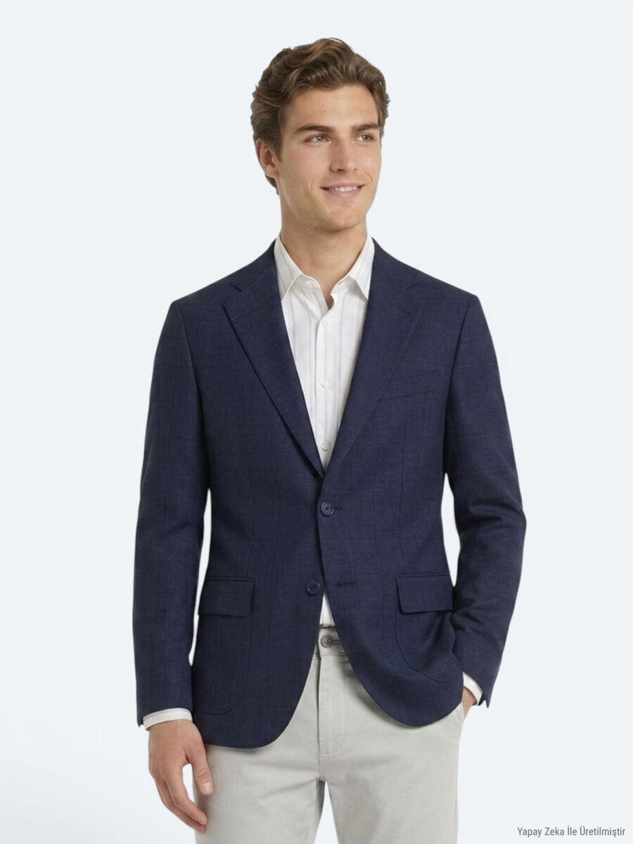 Navy Blue Micro Modern Fit 100% Wool Jacket - 4