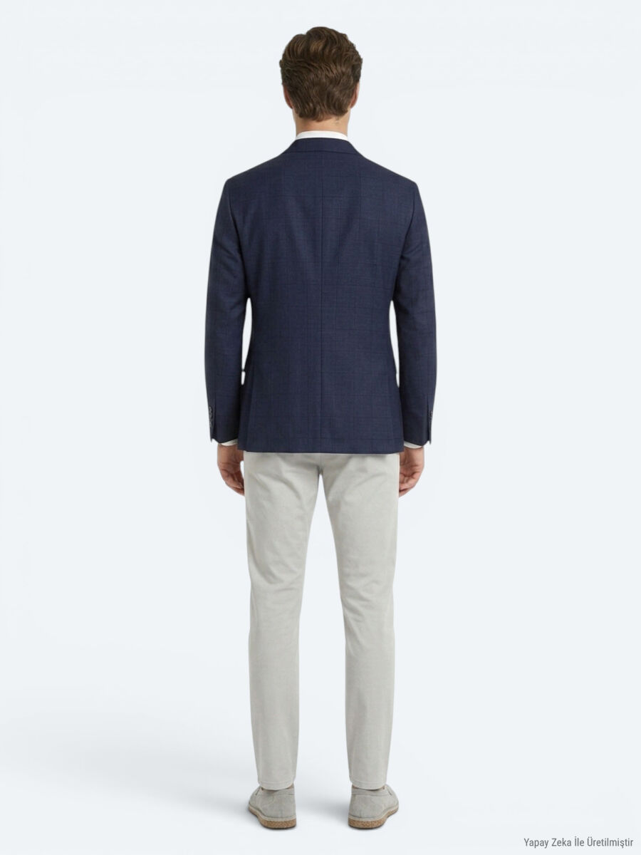 Navy Blue Micro Modern Fit 100% Wool Jacket - 5