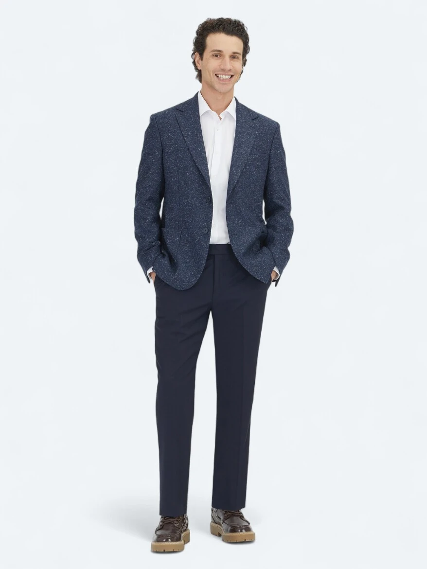 Navy Blue Micro Modern Fit 100% Wool Jacket - 2