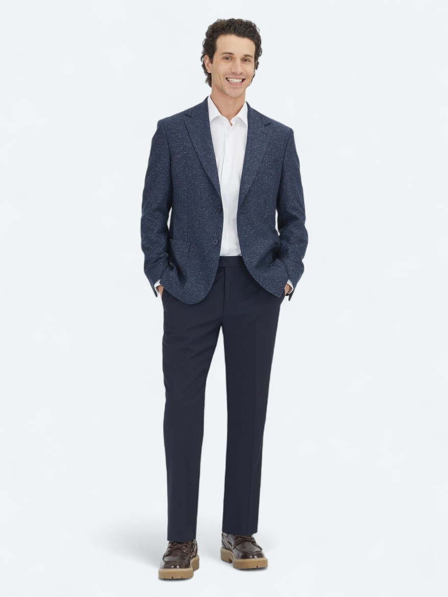 Navy Blue Micro Modern Fit 100% Wool Jacket - KİP