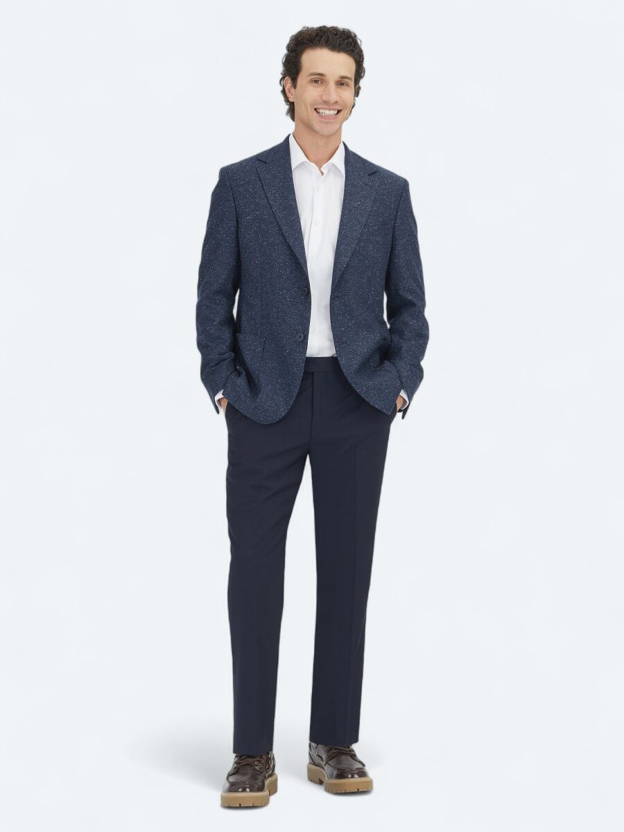 Navy Blue Micro Modern Fit 100% Wool Jacket - 2
