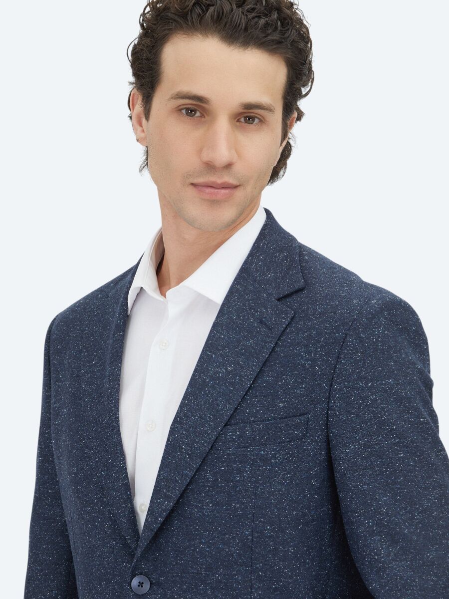 Navy Blue Micro Modern Fit 100% Wool Jacket - 4