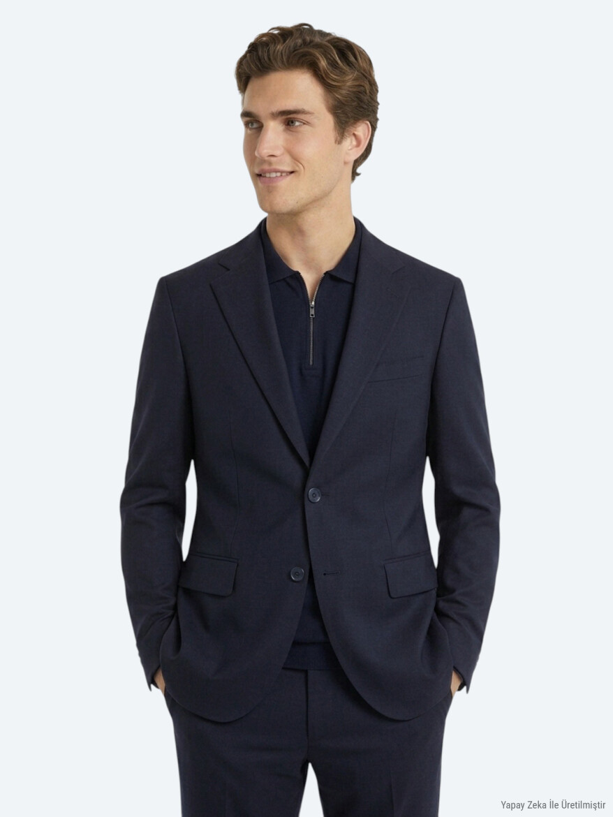 Navy Blue Micro Modern Fit 100% Wool Suit - 1