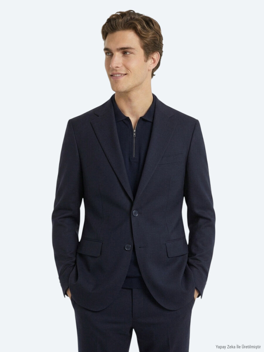 Navy Blue Micro Modern Fit 100% Wool Suit - 1