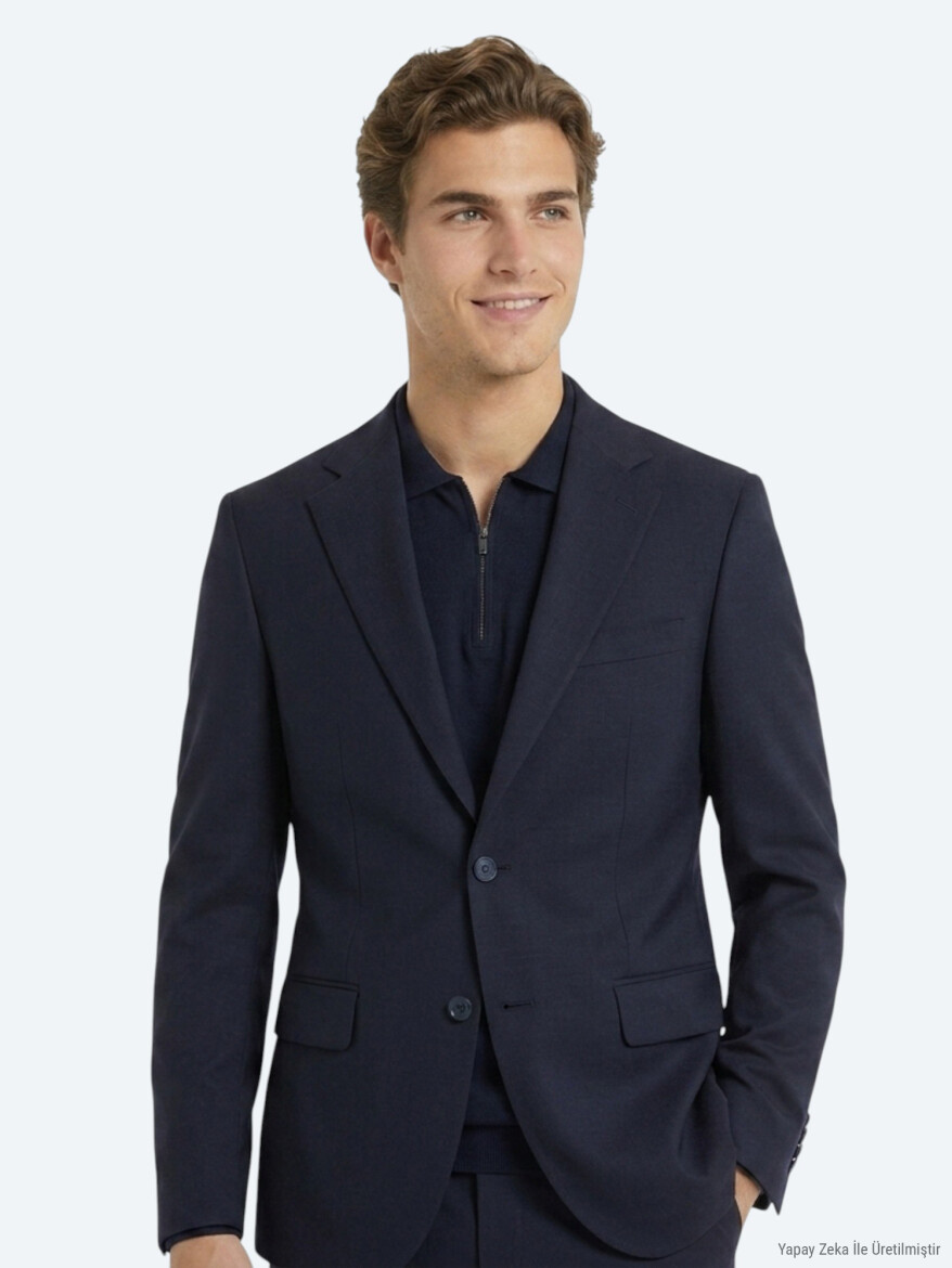 Navy Blue Micro Modern Fit 100% Wool Suit - 2