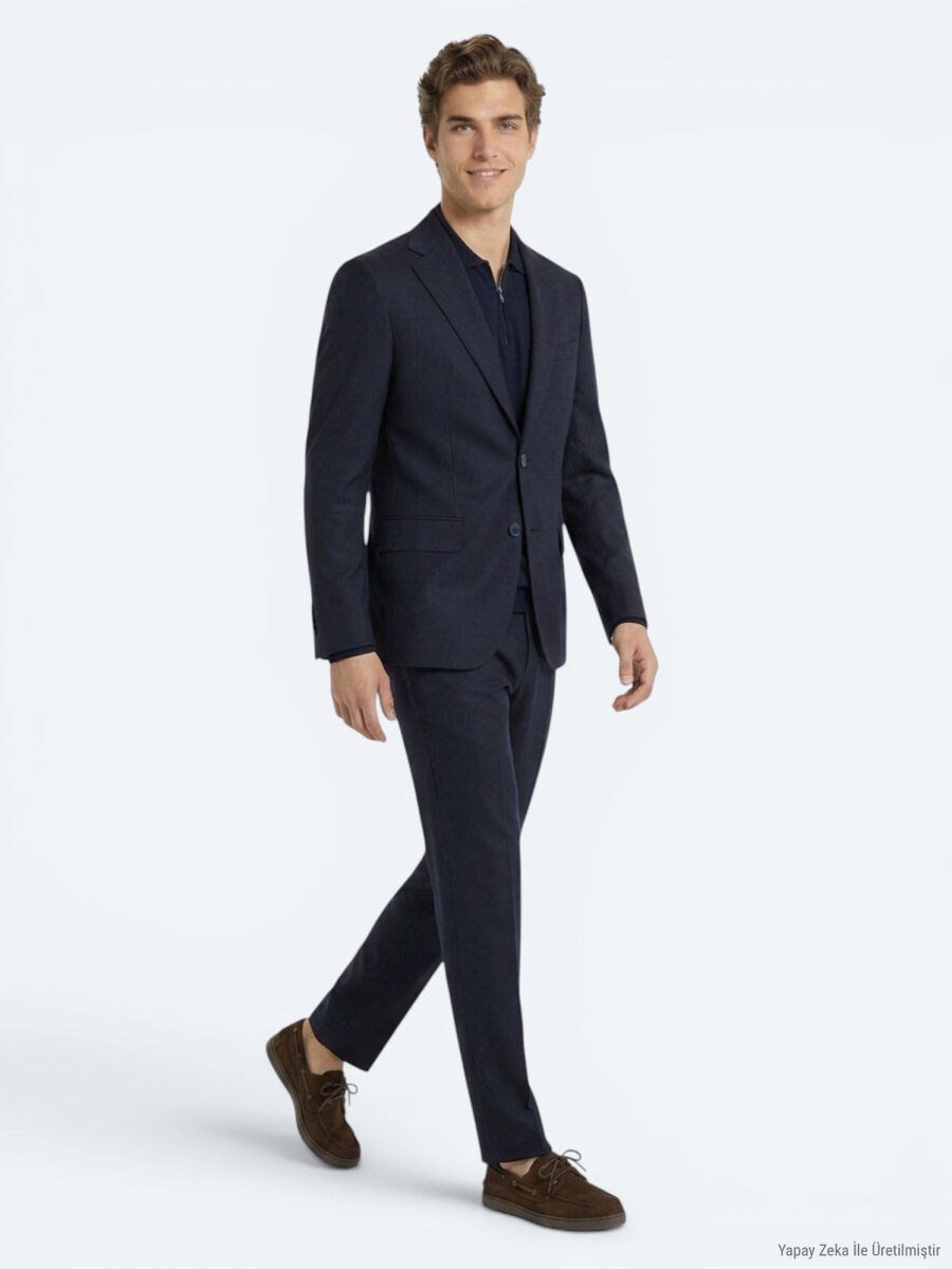 Navy Blue Micro Modern Fit 100% Wool Suit - 3