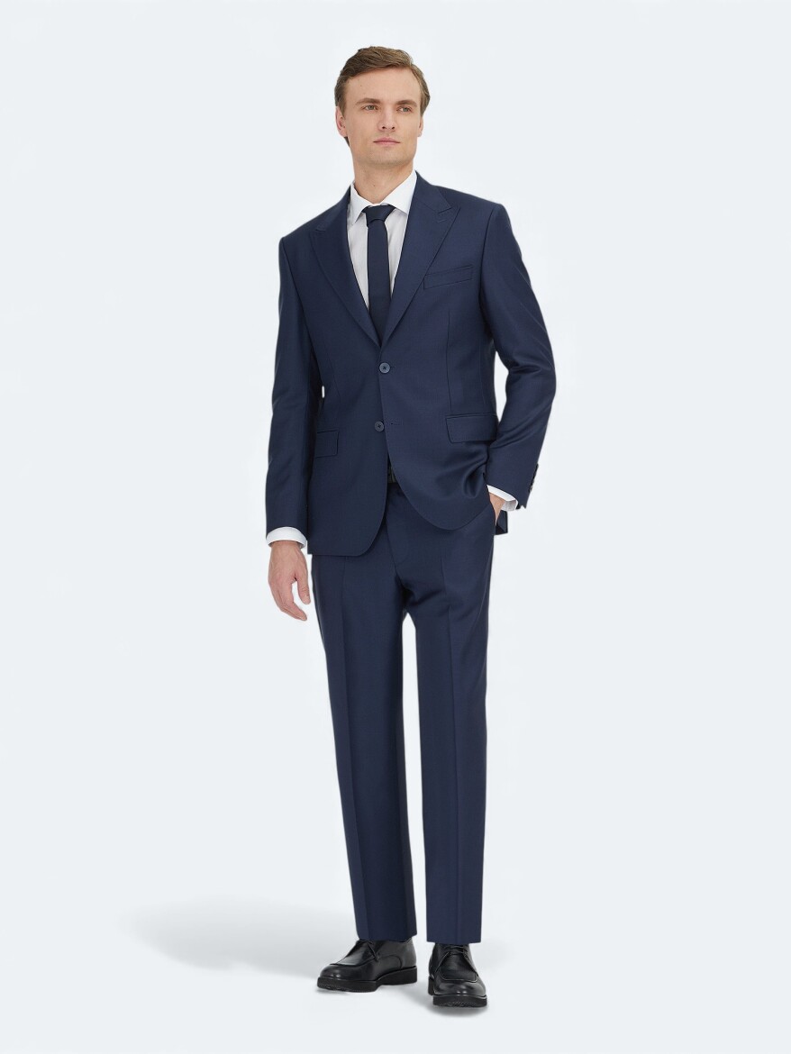Navy Blue Micro Modern Fit 100% Wool Suit - KİP