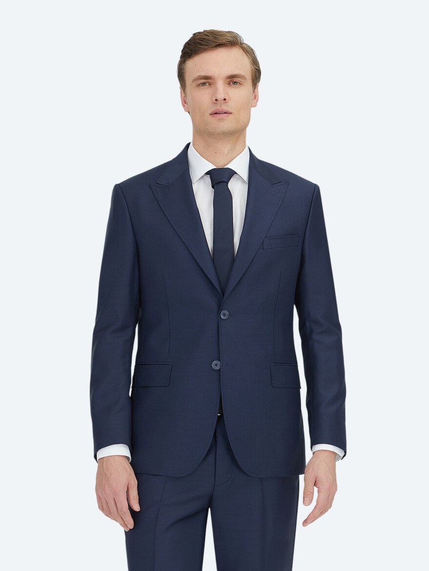 Navy Blue Micro Modern Fit 100% Wool Suit - KİP