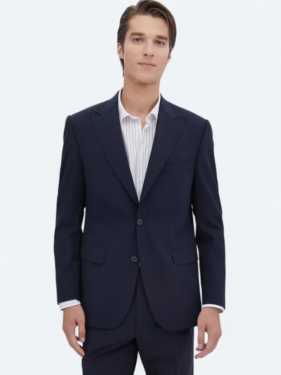 Navy Blue Micro Modern Fit Recycled Wool Blended Suit - 1